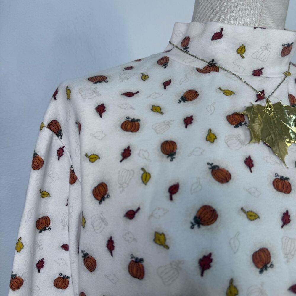 Vintage 90s Pumpkin Leaf Print Top XL Fall Autumn Cozy Cottagecore Halloween - Picture 2 of 6